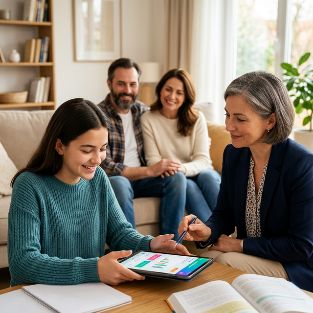 Happy family and teacher